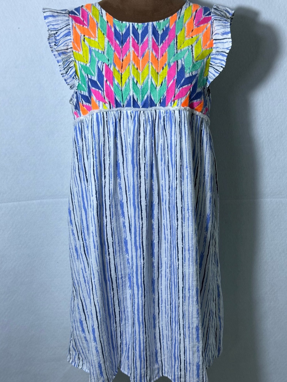 THML Embroidered Boho Dress Tassel Tie Neon Colorful Yoke Shift Small - Picture 3 of 13